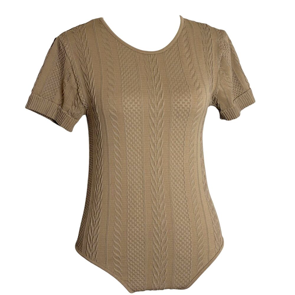 Soho Lady Stretch Bodysuit Shirt Top Blouse Textured Brown Tan S M